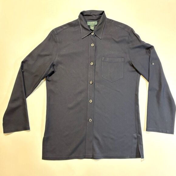 Women Ralph Lauren Navy Blue 100% Silk Button Down Shirt - 8 - Picture 1 of 4